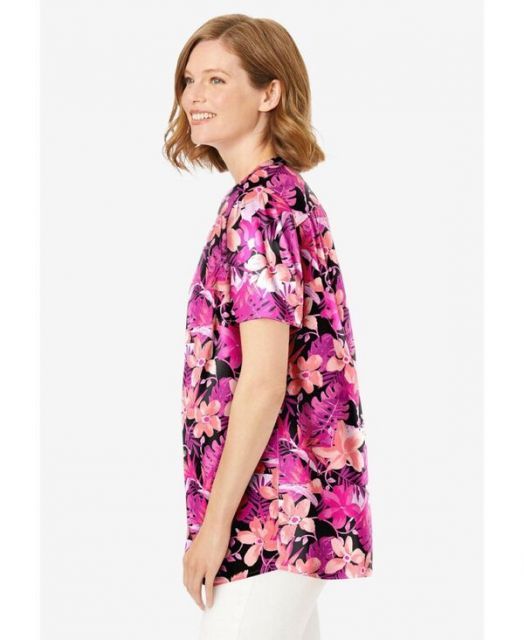 送料無料 ウーマン ウィズイン レディース シャツ トップス Women s Plus Size Pintucked Half-Button Tunic Black coral hibiscus