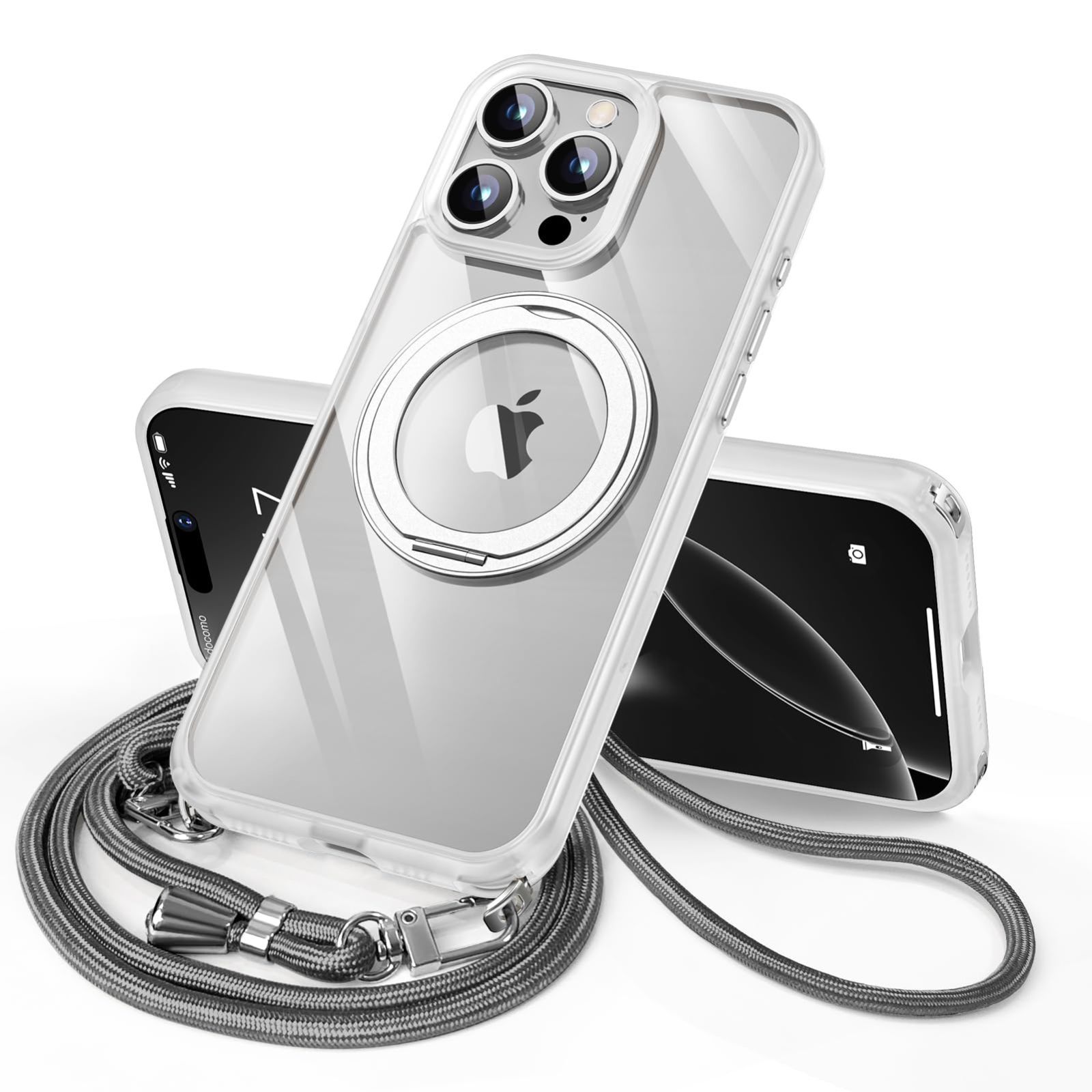 【人気商品】シリコン 軽量 + TPUバンパー PC 透明 薄型 おしゃれ いphone15pro用ケース 耐衝撃 スマホケース ワイヤレス充電対応 MagSafe対応 多機能360度回転スタンド (クリア ストラップ付き ショ