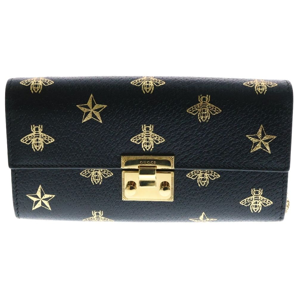 GUCCI グッチ BEE PADLOCK WALLET 453506 493075 ビースター パドロック チェーンウォレット ブラック|ゴールド レディース