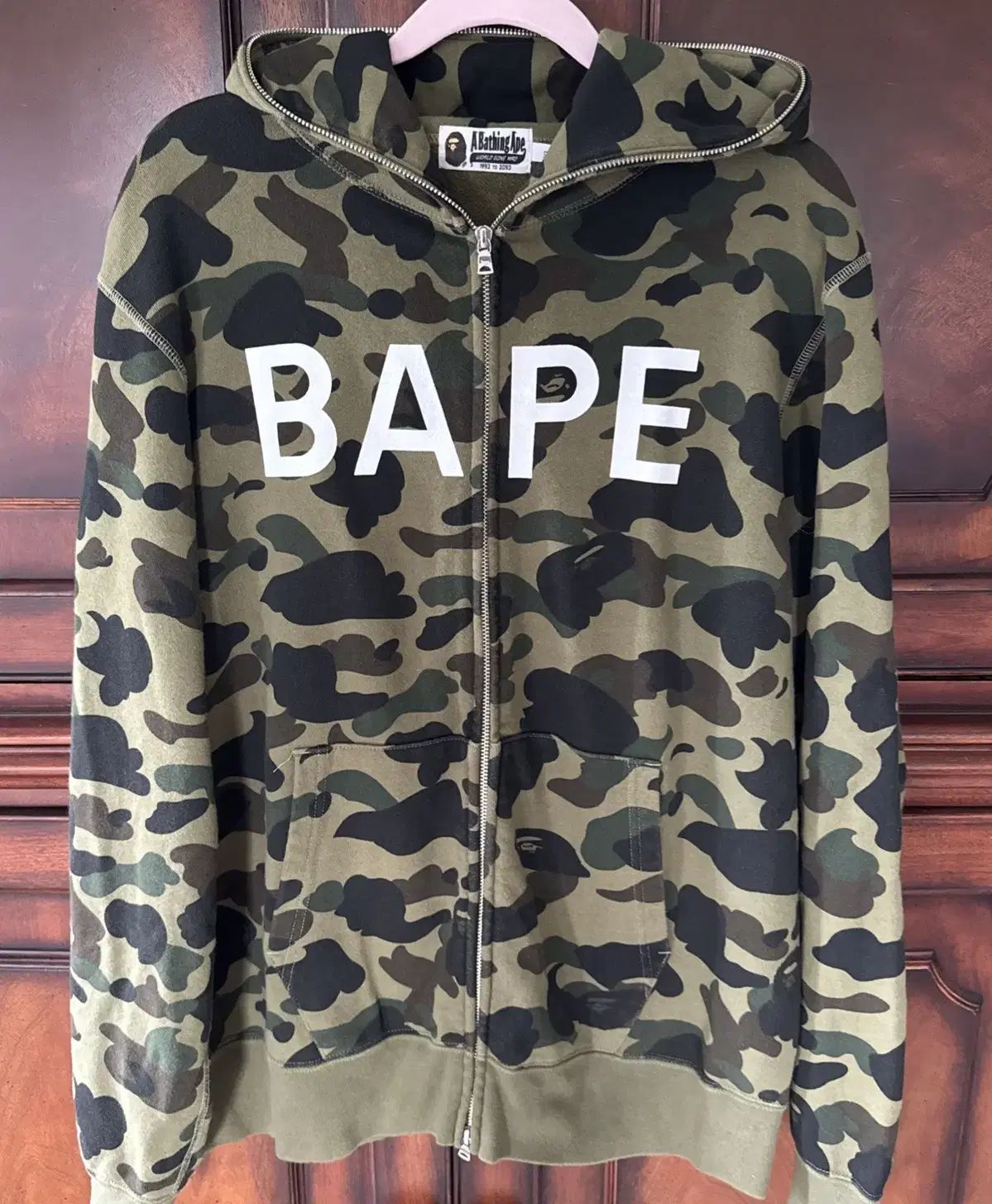 A BATHING APE アベイシングエイプ 1st カモフラ BAPE スペルアウト フード付き ジップアップパーカー 迷彩柄 XL