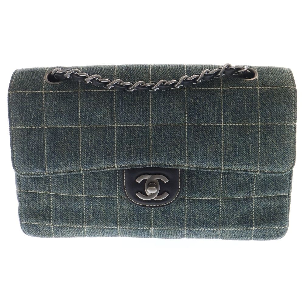 CHANEL シャネル チョコバー チェーンショルダーバッグ シングルフラップ ダブルチェーンバッグ デニム ブルー×ブラック マットシルバー金具