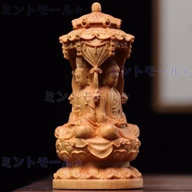新しい未使用 木彫仏像 三面 婆娑三聖座像 阿弥陀仏三尊（観世音