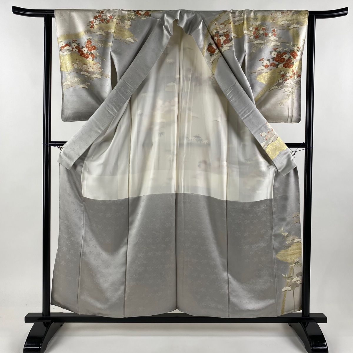 訪問着 身丈157.5cm 裄丈62.5cm S 袷 松竹梅 菊 金糸 金彩 灰色 正絹  