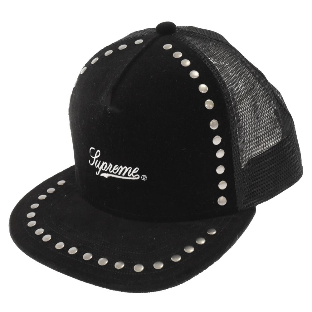 SUPREME シュプリーム 21AW Studded Velvet Mesh 5-Panel スタッズ ベルベット フロントロゴ刺繍 メッシュキャップ 帽子 ブラック SUPREME (シュプリーム) 21AW Studded Velvet Mesh Back 5panel cap
