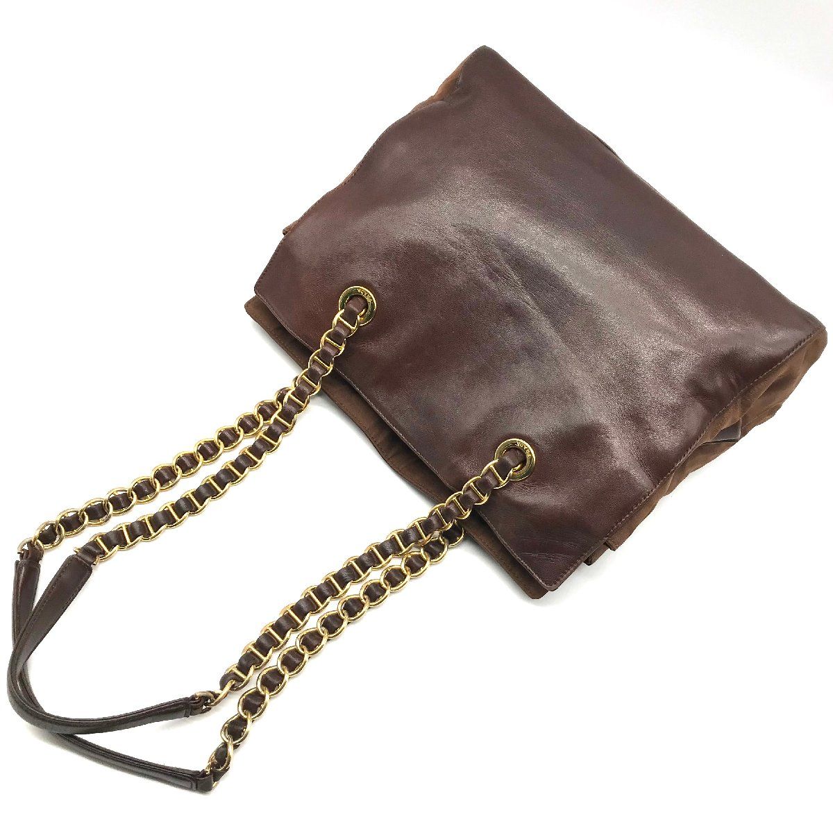 PRADA プラダ 三角ロゴ レザー×ナイロン チェーン ショルダー バッグ 茶色 良品 a603 PRADA プラダ 三角ロゴ レザー×ナイロン チェーン ショルダー バッグ