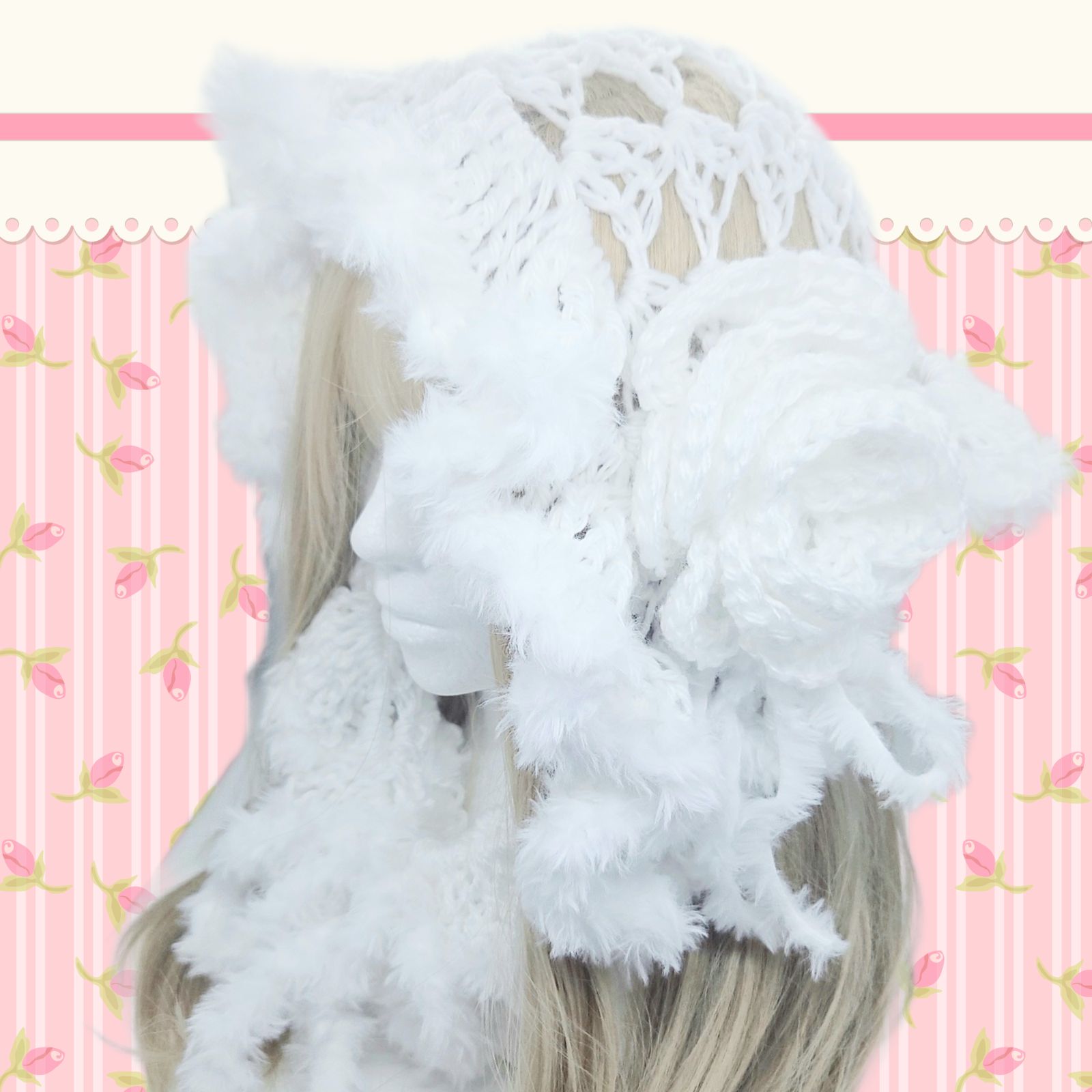 ハンドメイド バブーシュカ ホワイト 白 バラ ファー フリル リボン
