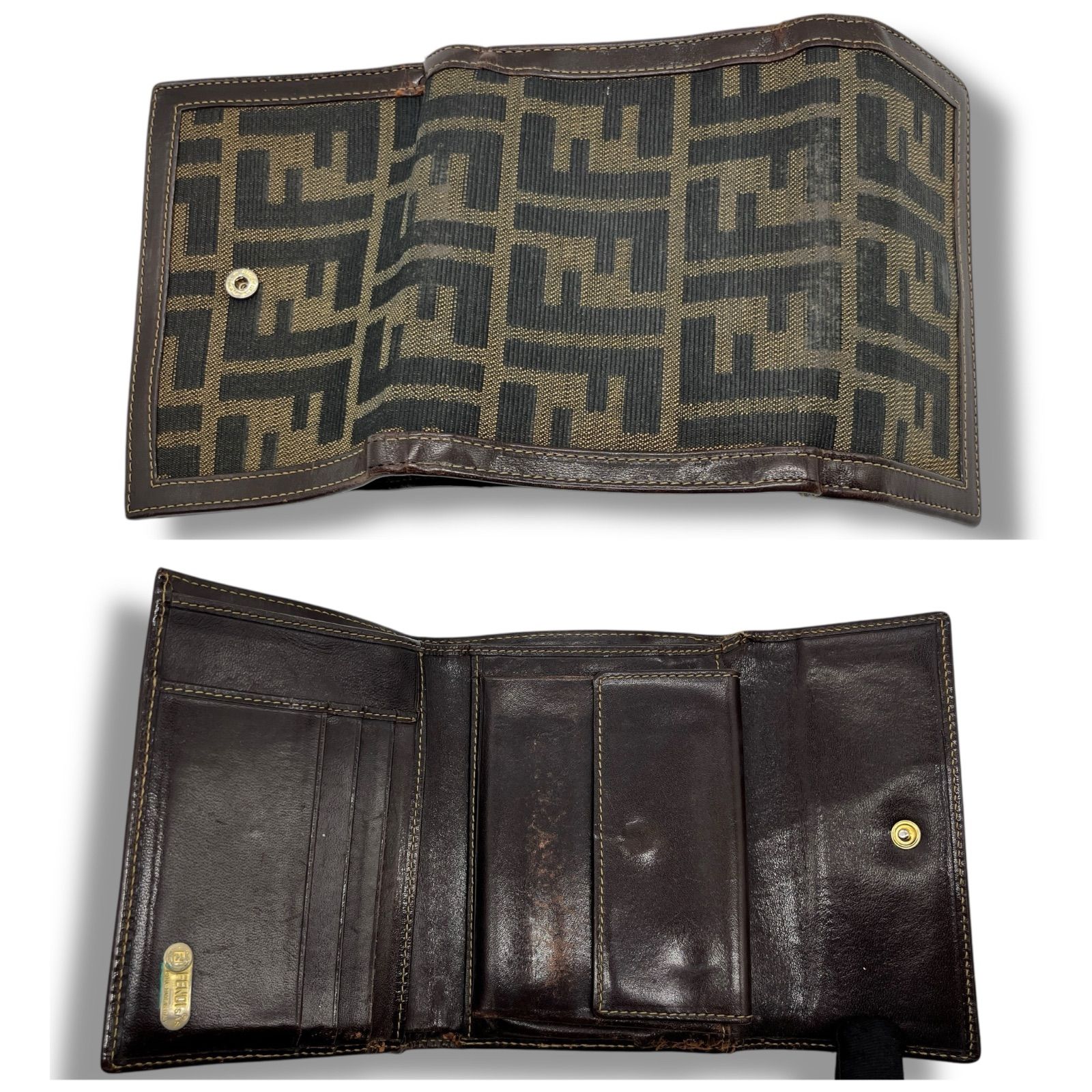 FENDI ズッカ 三つ折り財布 キャンバス レザー ダークブラウン
