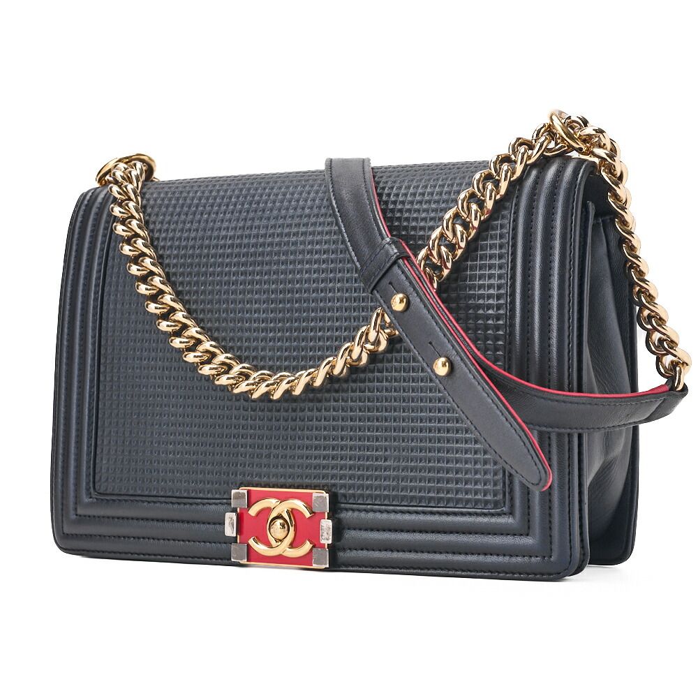 CHANEL シャネル ボーイシャネル パンチングデザイン チェーンショルダー ラムスキン ネイビー×赤 ラージサイズ ゴールド金具 レディースバッグ ショルダーバッグ ハイブランド