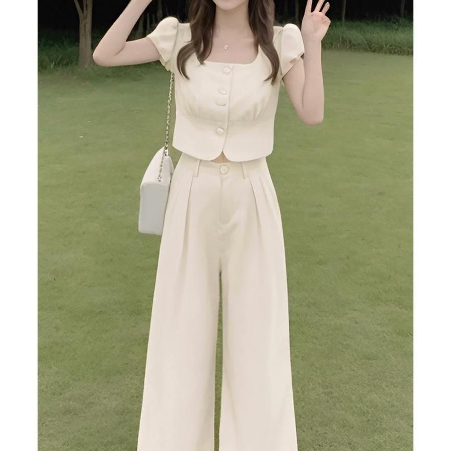 セットアップ春夏半袖トップスワイドパンツ