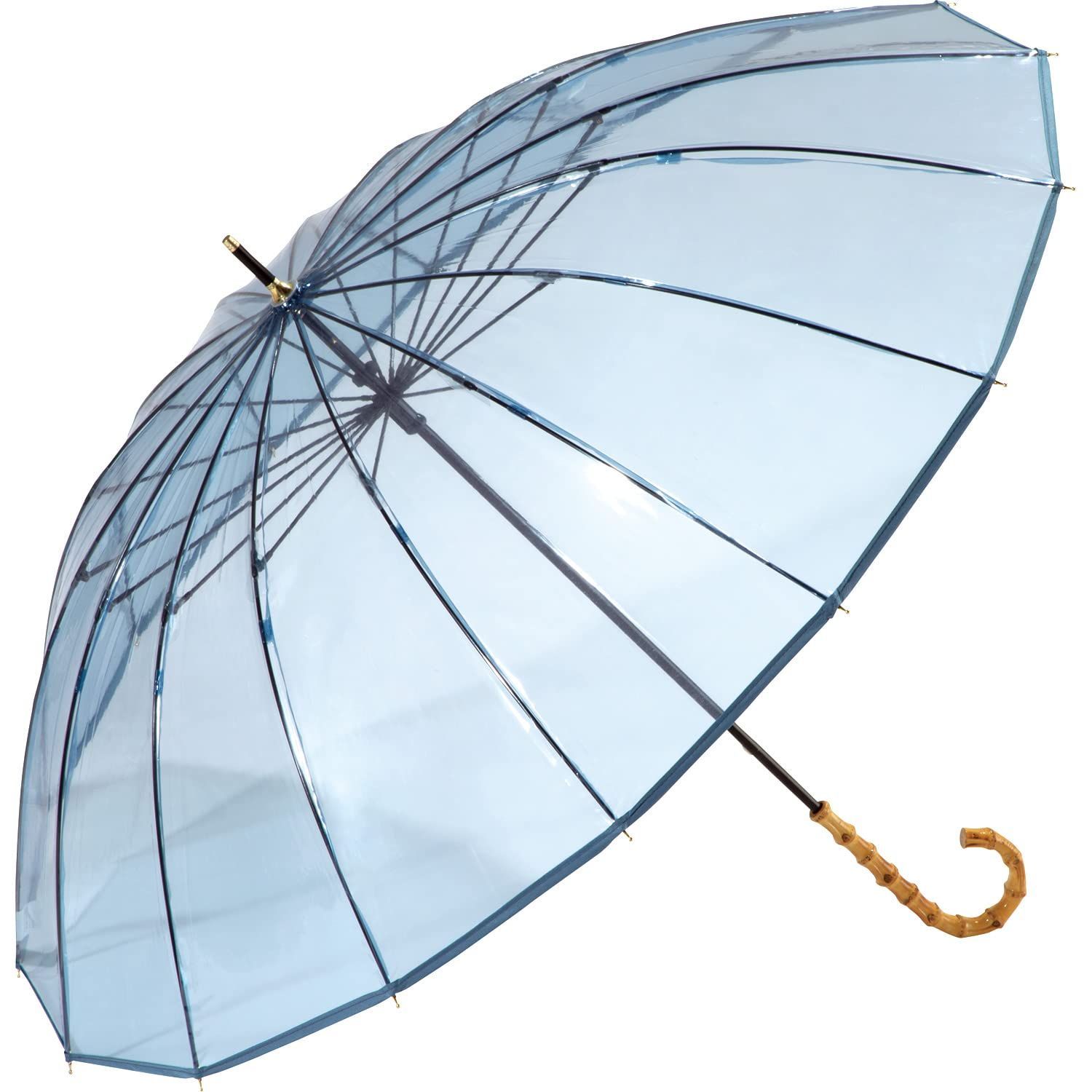 Wpc. 雨傘 ビニール傘 16Kプラスティックパイピング ブルー 長傘 60cm レディース 大きい 17本骨 多骨 丈夫 グラスファイバー バンブーハンドル 映え 透明 旅行 おしゃれ 女性 PT-055-001