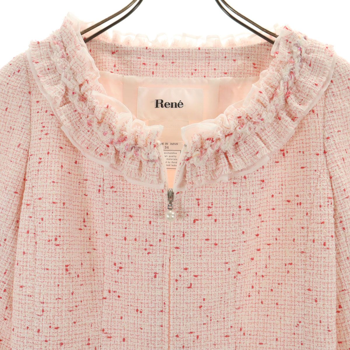 未使用 Rene ルネ 日本製 5分袖 ツイード ジャケット 34 ピンク系