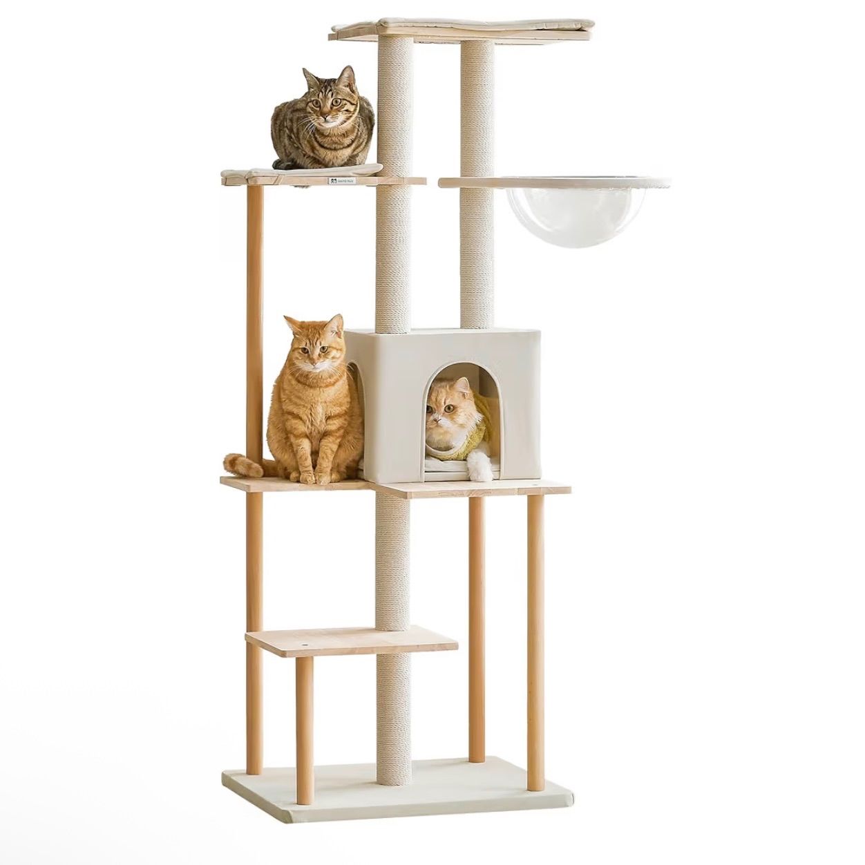 Mwpo キャットタワー 木製 新素材 毛抜け無し 組立簡単 大型猫 多頭飼い シンプル おしゃれ 耐久性が強い インテリア 宇宙船 猫ハウス クッション付 7000D