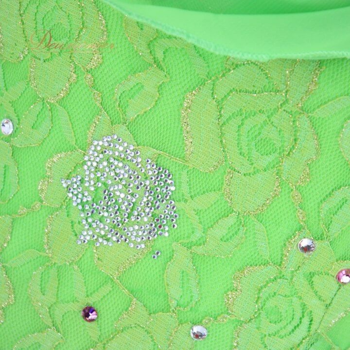 社交ダンス 衣装 ドレス ワンピース レッスンウェア レディース オールシーズン prima boutique プリマブティック 黄緑 ライトグリーン系 フロート 花柄 レース ラインストーン フェミニン スポーツダンス おしゃれ LLC-HASEGAWATOSO_COM