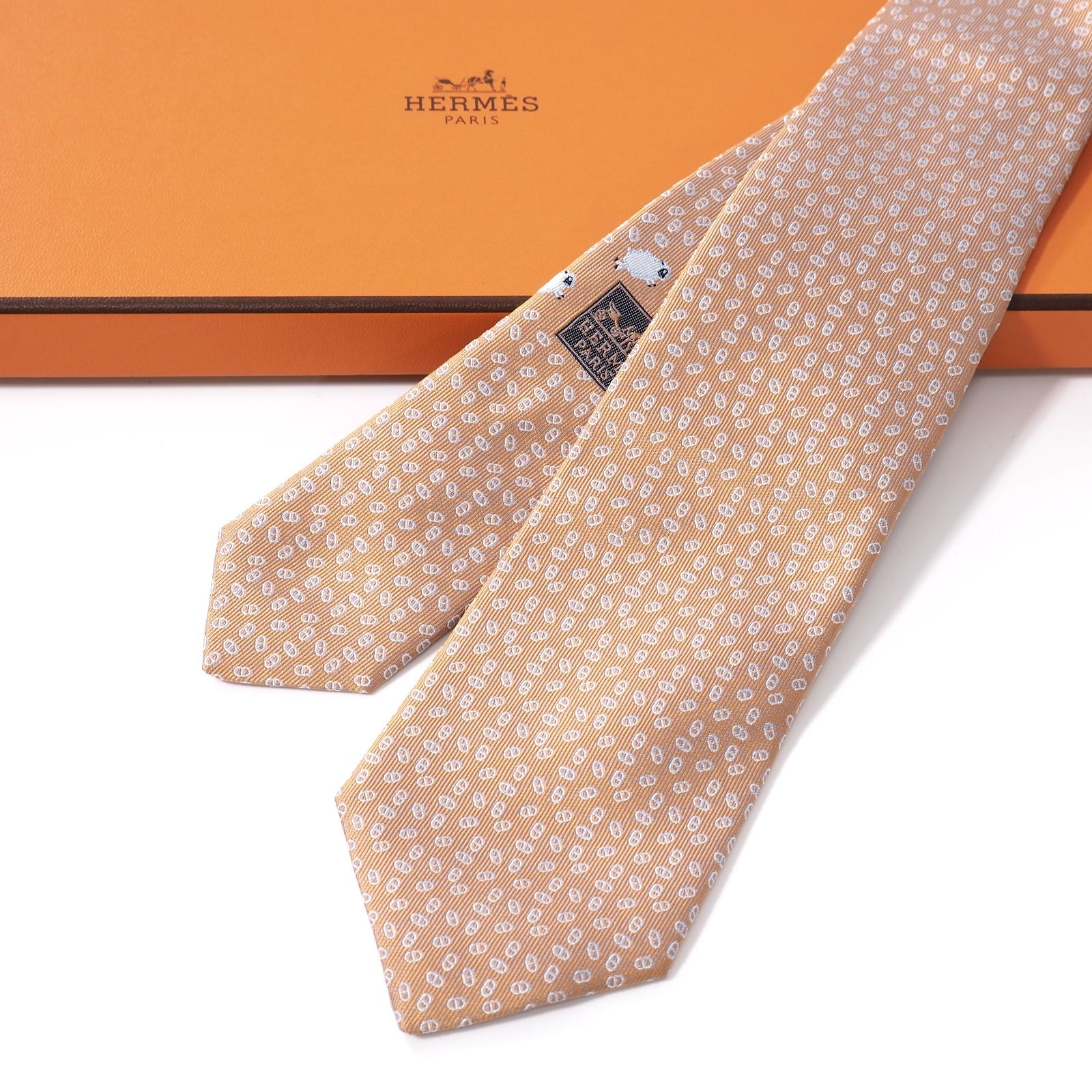 極美品 エルメス HERMES シルク シェーヌダンクル柄 ネクタイ オレンジ 