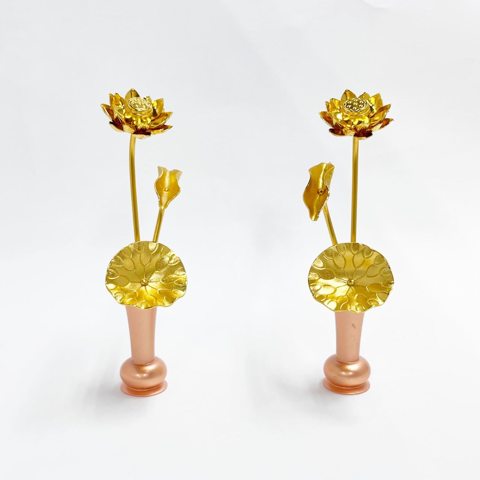アウトレット品 国産 豆常花 アルミ製 1尺3寸 3本立 一対 ピンクゴールド 花立付き 金色 小常花 仏具用 造花 仏具用品 お供え 供花 2個ｾｯﾄ 仏花 飾り ゴールド