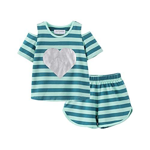 ハート-グリーン_100 LittleSpring 夏 セットアップ キッズ 肩出し Tシャツ ボーダー ショートパンツ 子供 女の子 グリーン 100