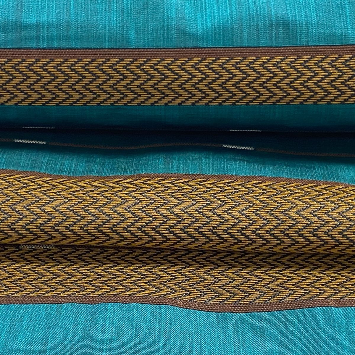 新品　袋帯 名品 木屋太 落款 幾何学 緑 六通 正絹 袋帯 美品 名品 木屋太 落款 縞 幾何学模様 緑 六通 正絹 【中古