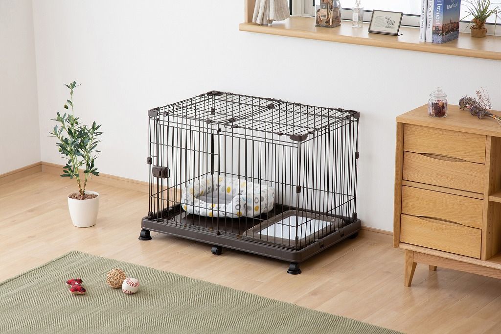 アイリスオーヤマ システムサークルトレー付き 小型犬用 幅93×奥行63×高さ64.5cm スライドドア トレー付き キャスター付き マットブラウン STS-600TN IRIS OHYAMA 屋根なし