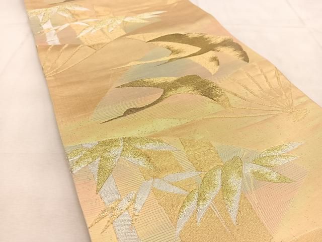 平和屋着物◎六通柄袋帯 飛鶴扇竹文 金銀糸 正絹 逸品