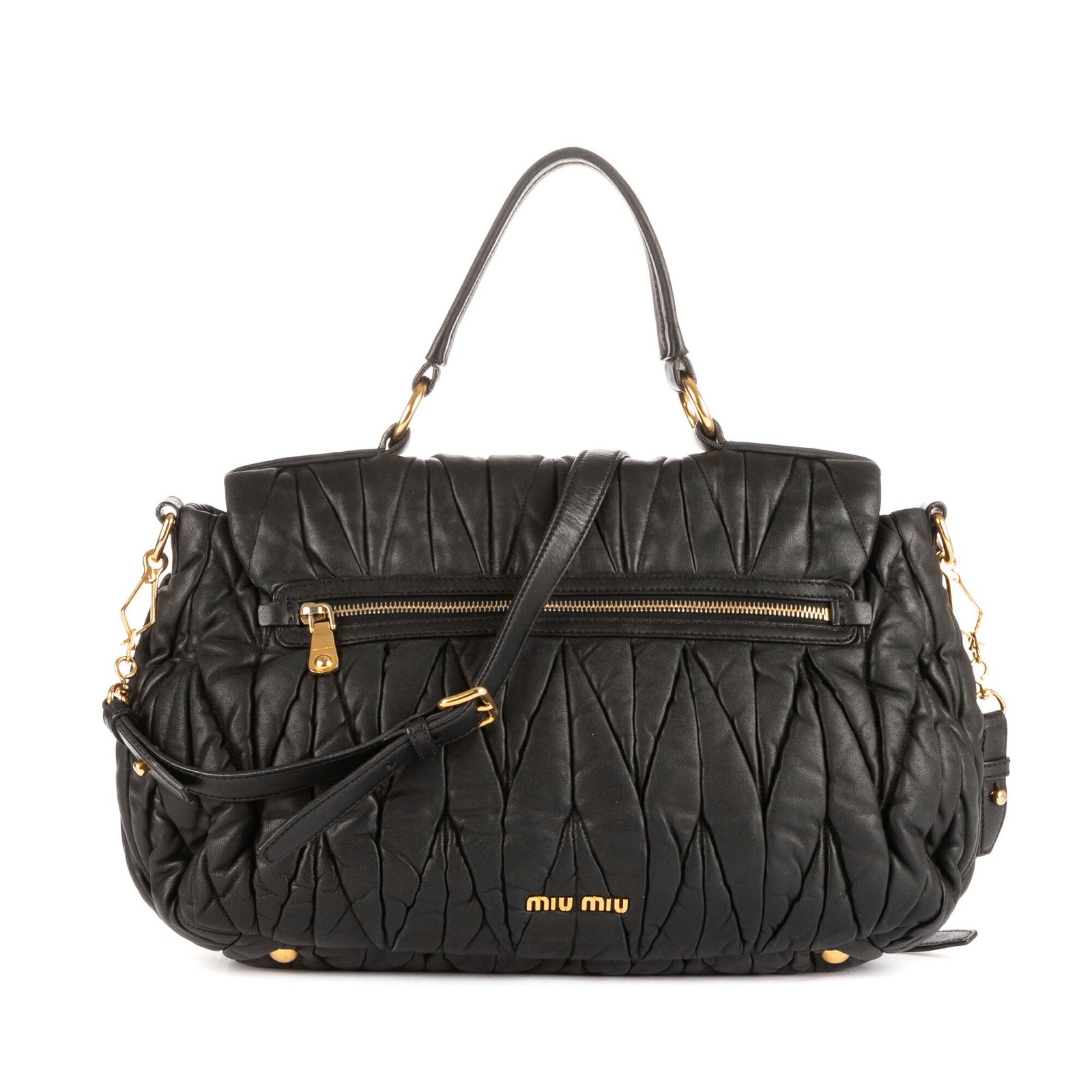 ミュウミュウ大フラップサッチェル黒マトラッセパテントレザーA