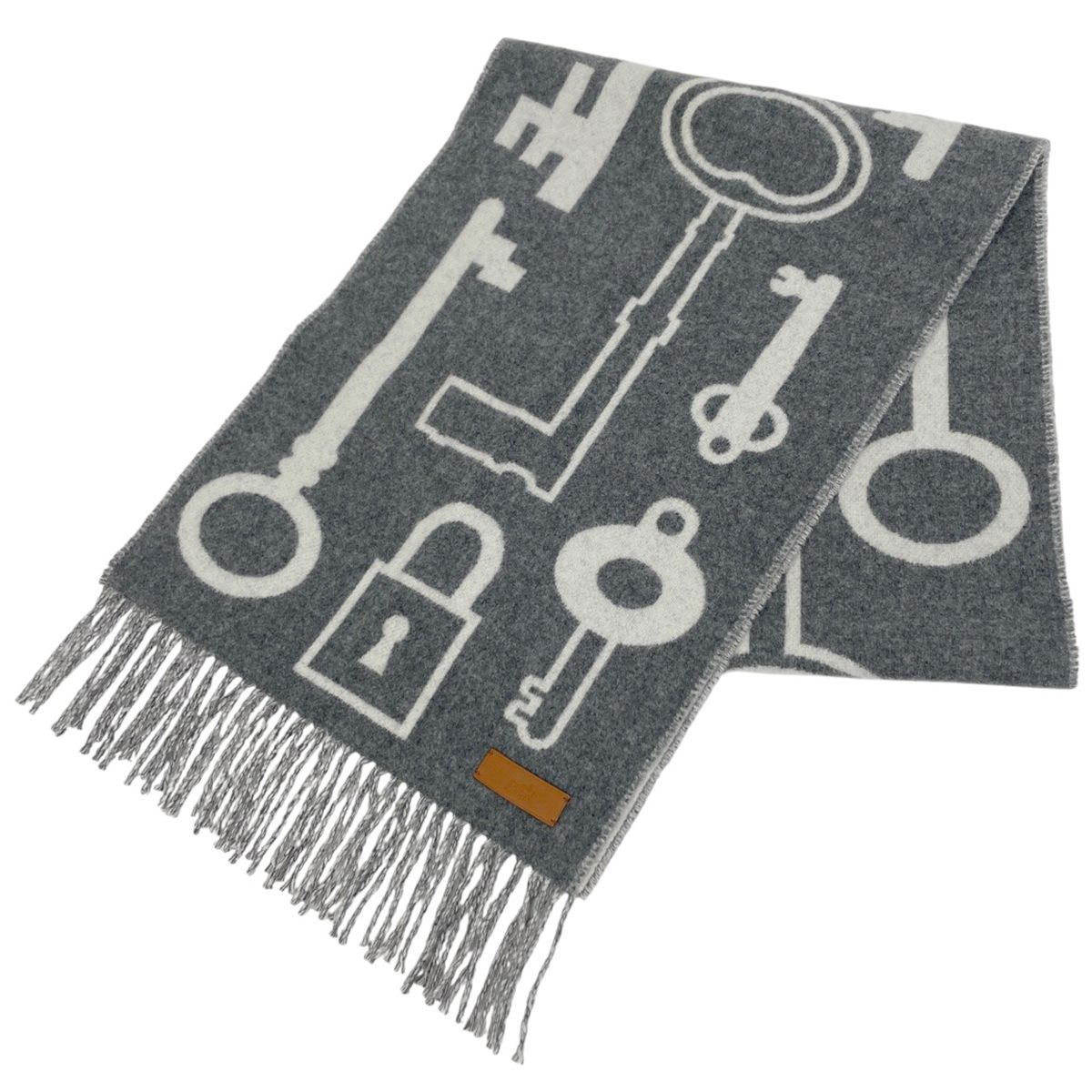 エルメス HERMES カザック キー マフラー 鍵 フリンジ マフラー カシミヤ フランネル グレー レディース