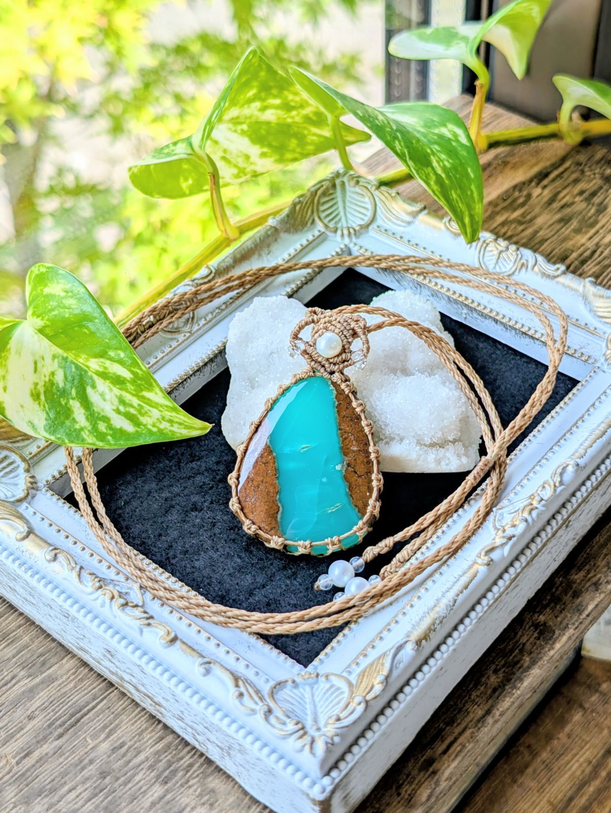 大きめ クリソプレーズ マクラメ編みネックレス 456 マクラメネックレス