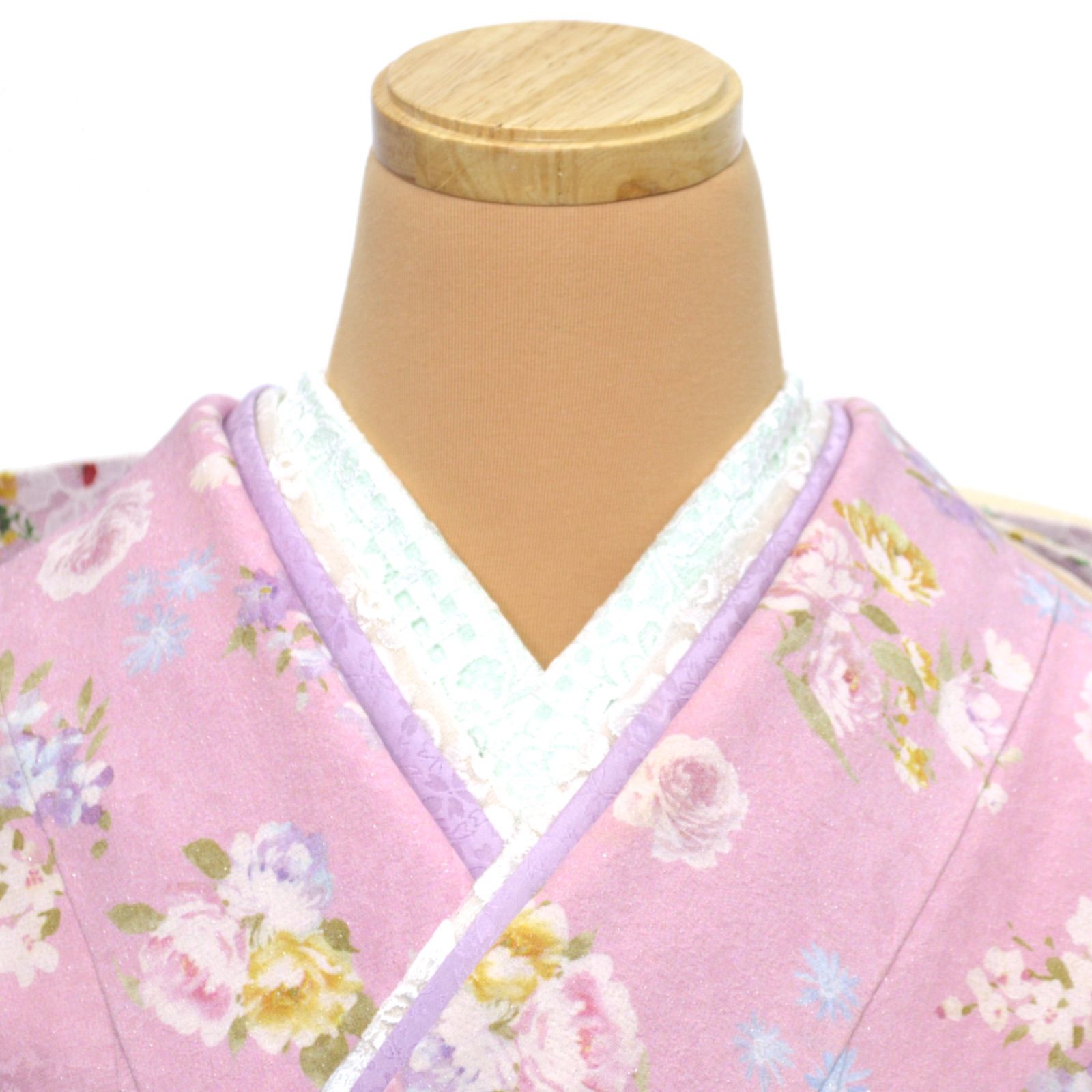 美品》正絹 振袖フルセット 成人式 M〜LLサイズ 薔薇 レース帯 上品 美 
