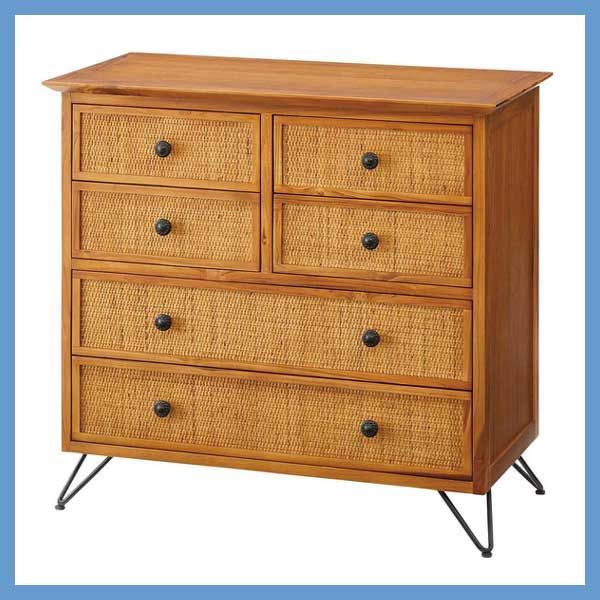 天然木 チーク と籐 ラタン のアジアンテイストなチェスト ４段６抽斗 W80×D40×H75cm No.372