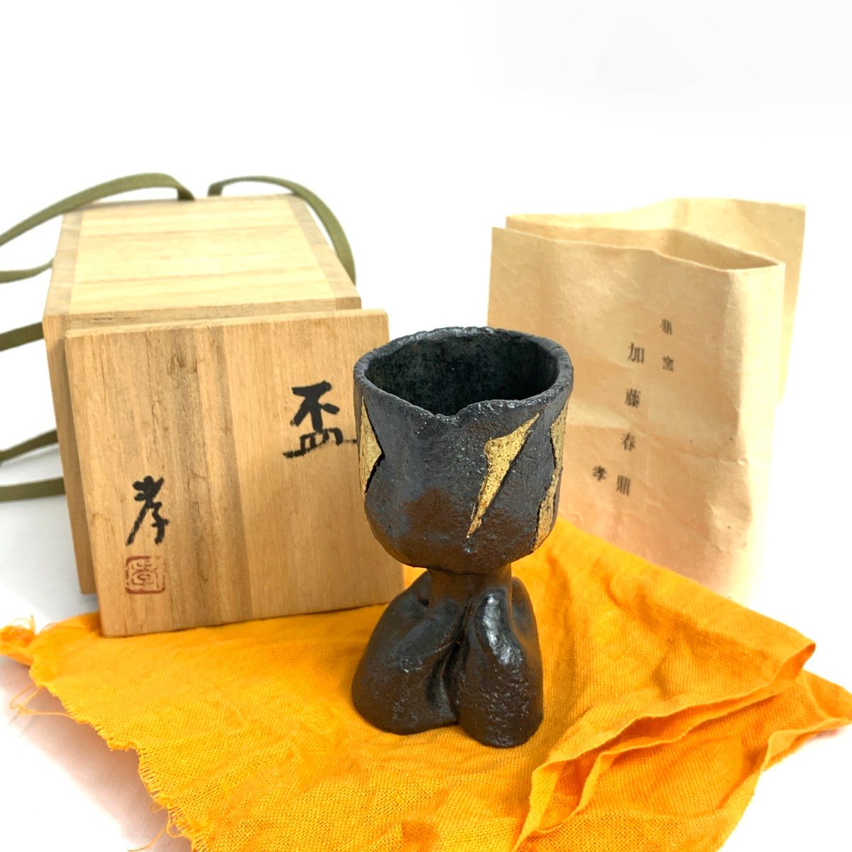 瀬戸焼　鼎窯　加藤春鼎　加藤孝作　灰釉　六角向付　五客　共布共箱　V　R8245 瀬戸焼 鼎窯 加藤春鼎 加藤孝作 灰釉 六角向付 五客 共布共箱 V