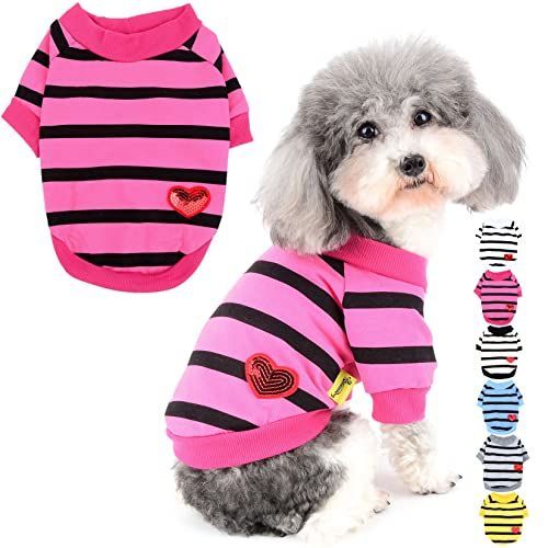 M_ピンク ZUNEA 犬服 Tシャツ 春 夏 小型犬 ボーダー柄 タンクトップ 綿製 おしゃれ かわいい スパンコール ハート柄 シャツ 可愛い 柔らかい ドッグウェア洋服 ペット 子犬 チワワ 猫服 脱毛保
