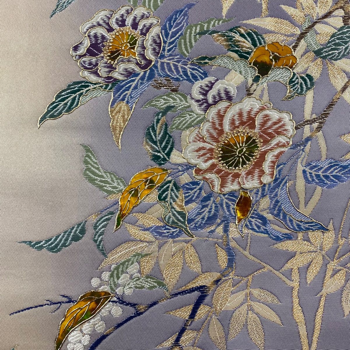袋帯 秀品 枝花 南天 螺鈿 金糸 灰紫 お太鼓柄 正絹