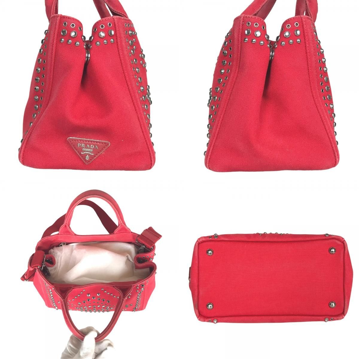 PRADA プラダ カナパ ビジュー ハンドバッグ トートバッグ レディース キャンバス レッド シルバー 赤 BN2439 中古品【鑑定済】