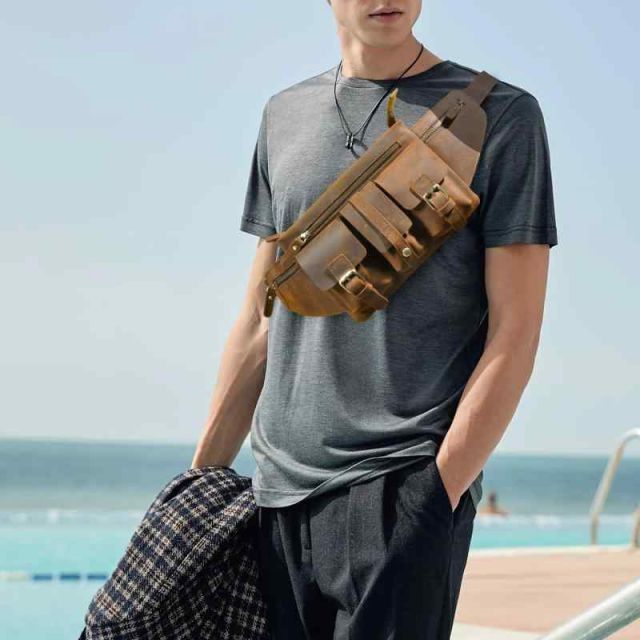 メンズ 鞄 カバン バック ファッション オシャレ アイテム 小物  ヴィンテージ レザー メンズ ウエスト バッグ 革 アウトドア スポーツ レジャー クロス ボディ チェスト ハンギング バイク 
