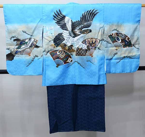 正式的 五歳 七五三 男児 着物は白 白色×青 羽織・着物・襦袢3点セット 七五三