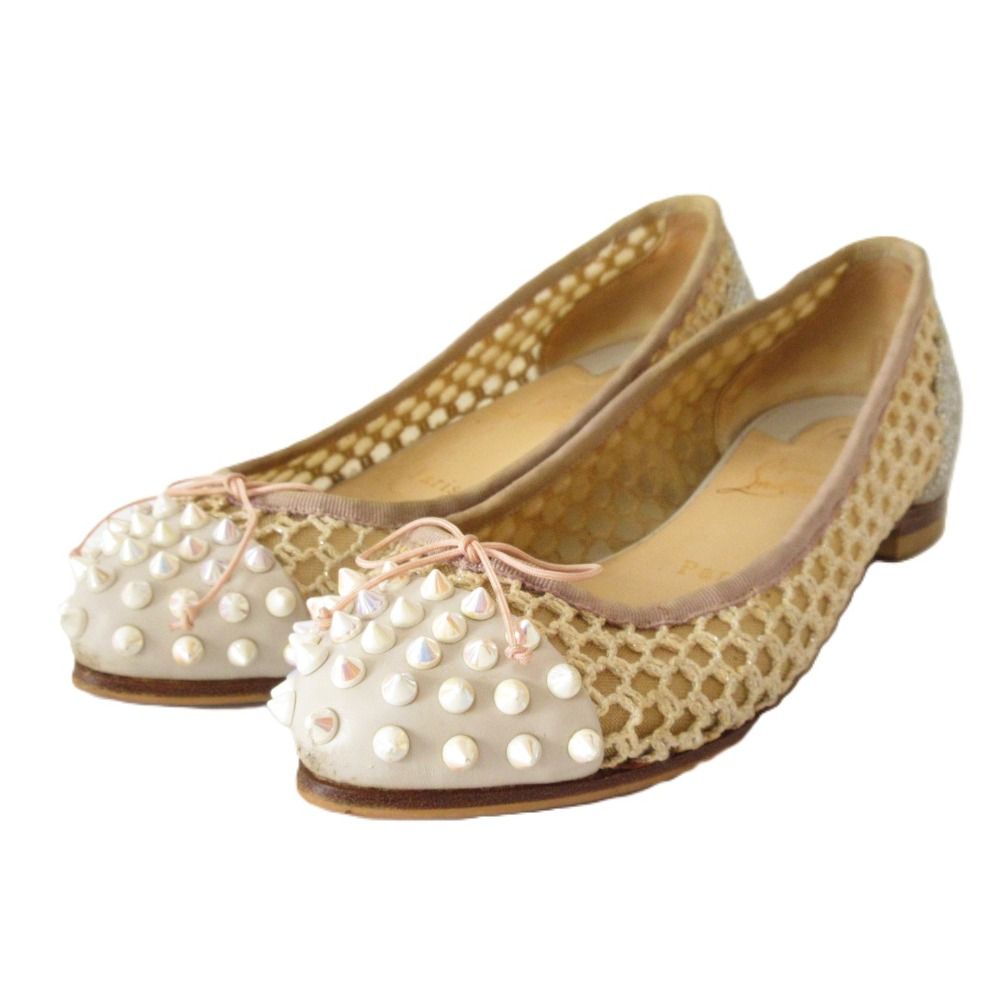 Christian Louboutin クリスチャンルブタン スタッズ 編み込み グリッター リボン パンプス バレエシューズ 約24cm ベージュ系 レディース 古着