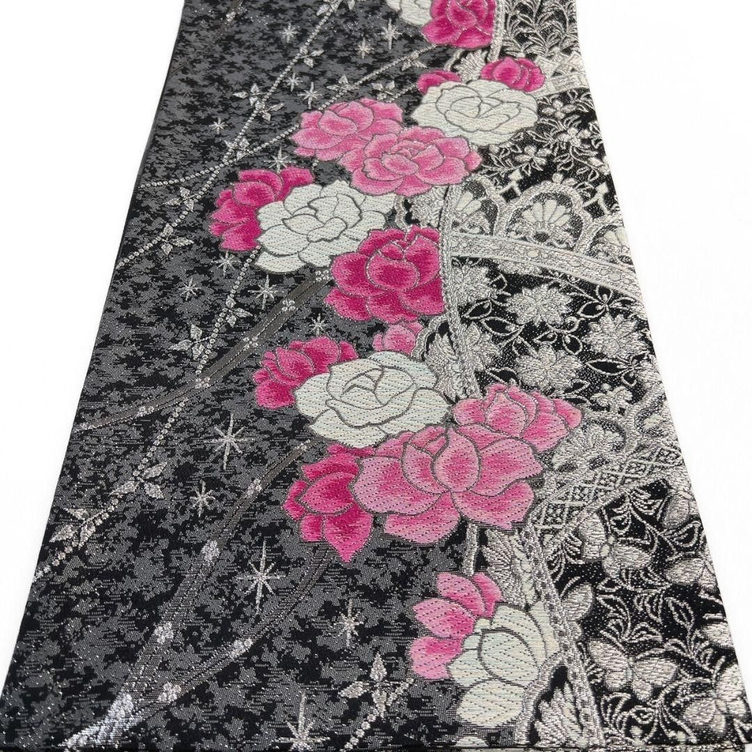 未着用 袋帯 振袖帯 唐織 薔薇模様 華紋 スペード 銀糸 着物 053a p