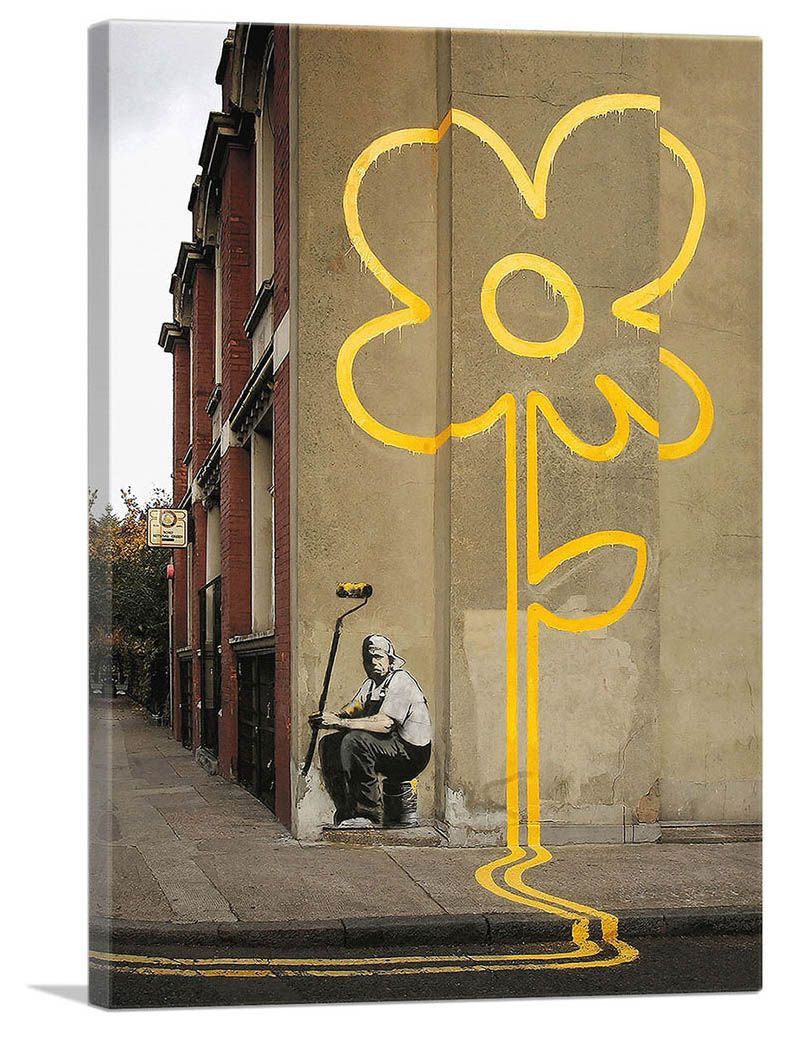 バンクシー アートパネル Mサイズ BANKSY Banksy「イエロー ラインズ フラワー/Yellow Lines Flower」キャンバスジークレ 発送目安15～20営業日