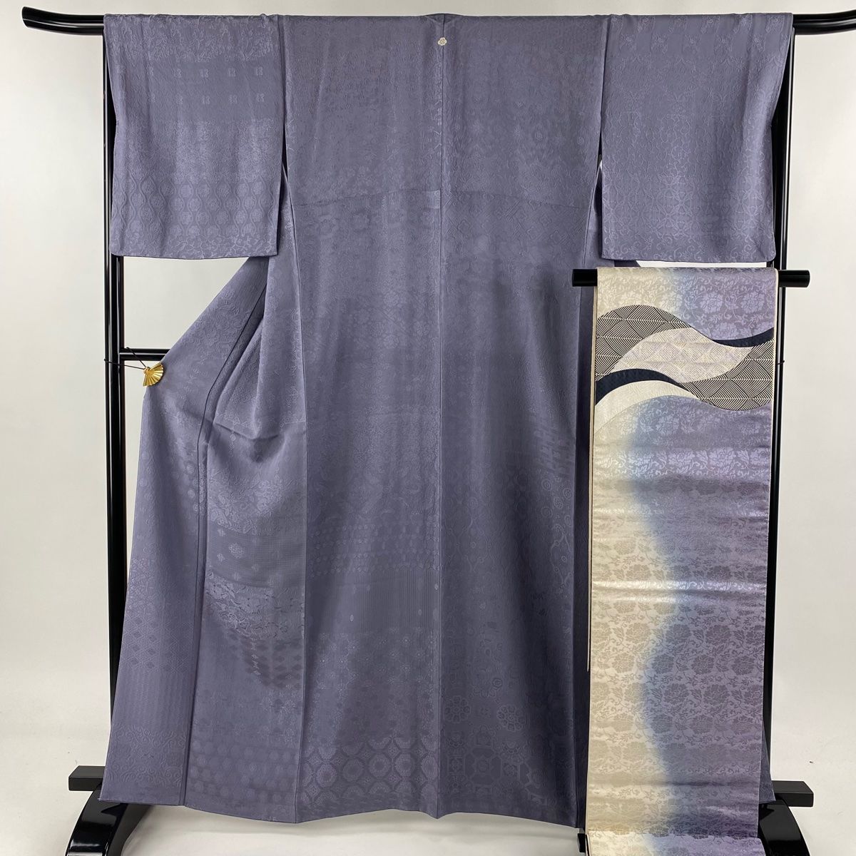 色無地 身丈162cm 裄丈66cm M 袷 袋帯セット 地紋 薄紫 正絹 秀品 一つ紋