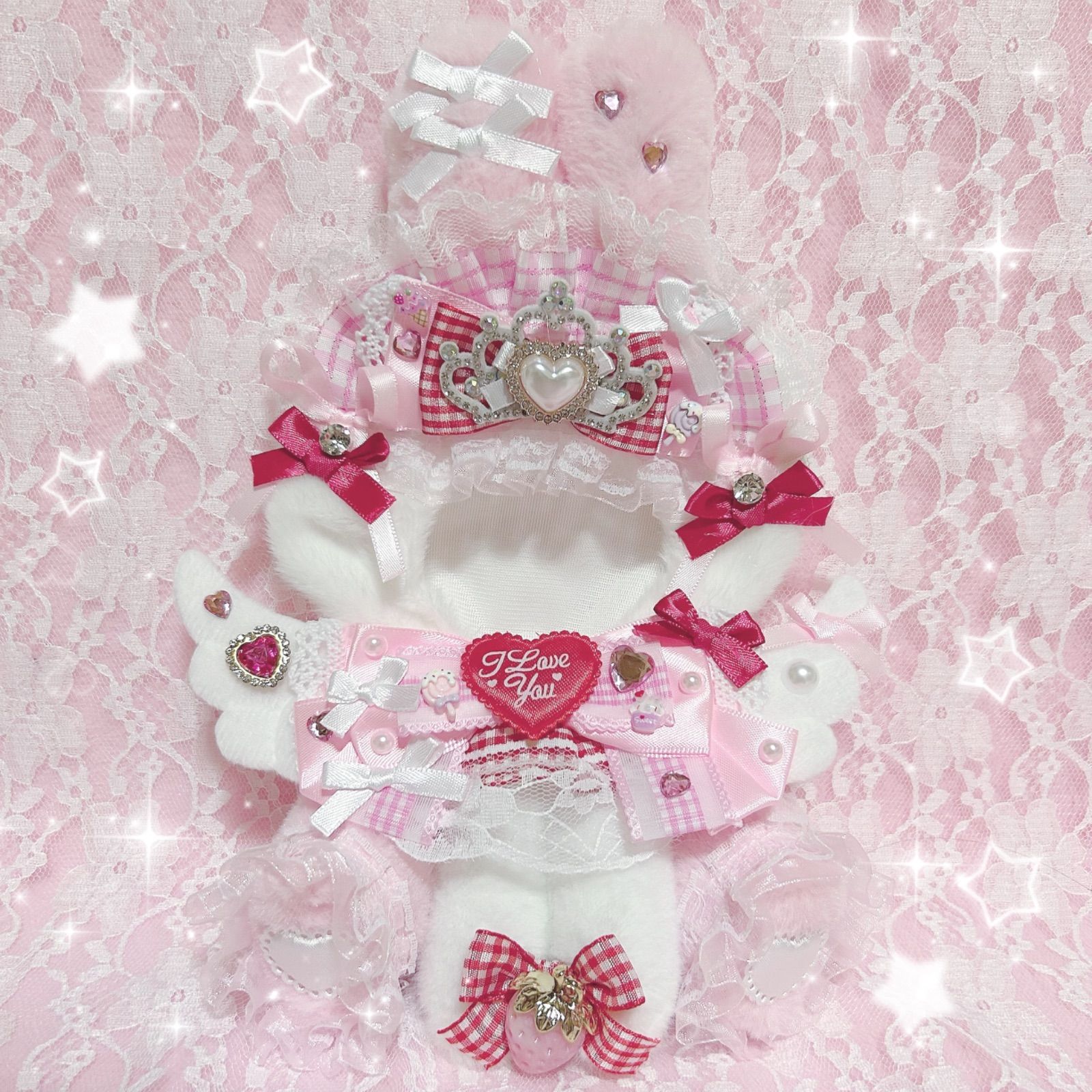 ぬい服 着ぐるみ 15cm おすわり お姫様うさぎ 赤×ピンク