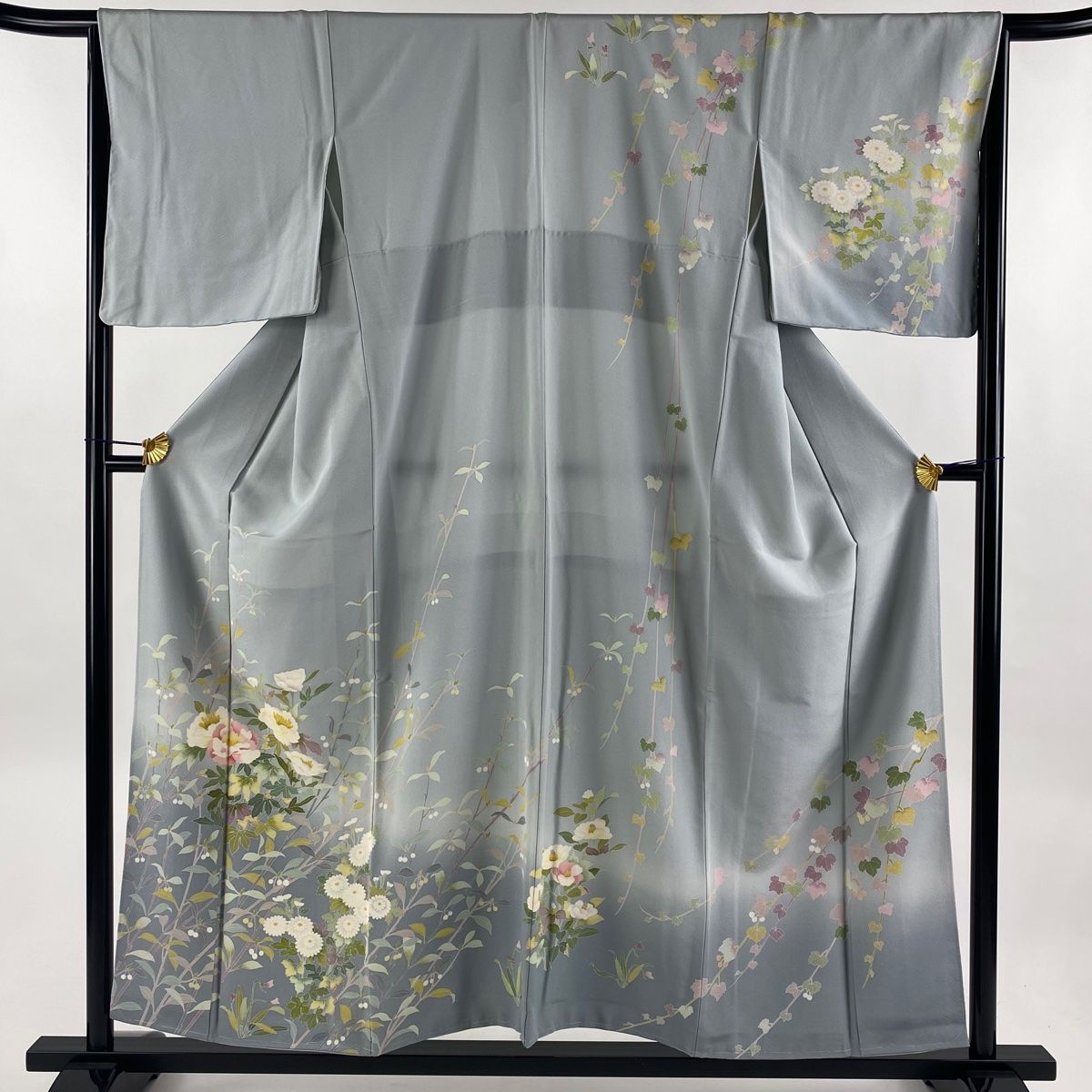 在庫一掃 訪問着 身丈155cm 裄丈66cm M 袷 枝花 葉と実 染め分け ぼかし 青灰色 正絹