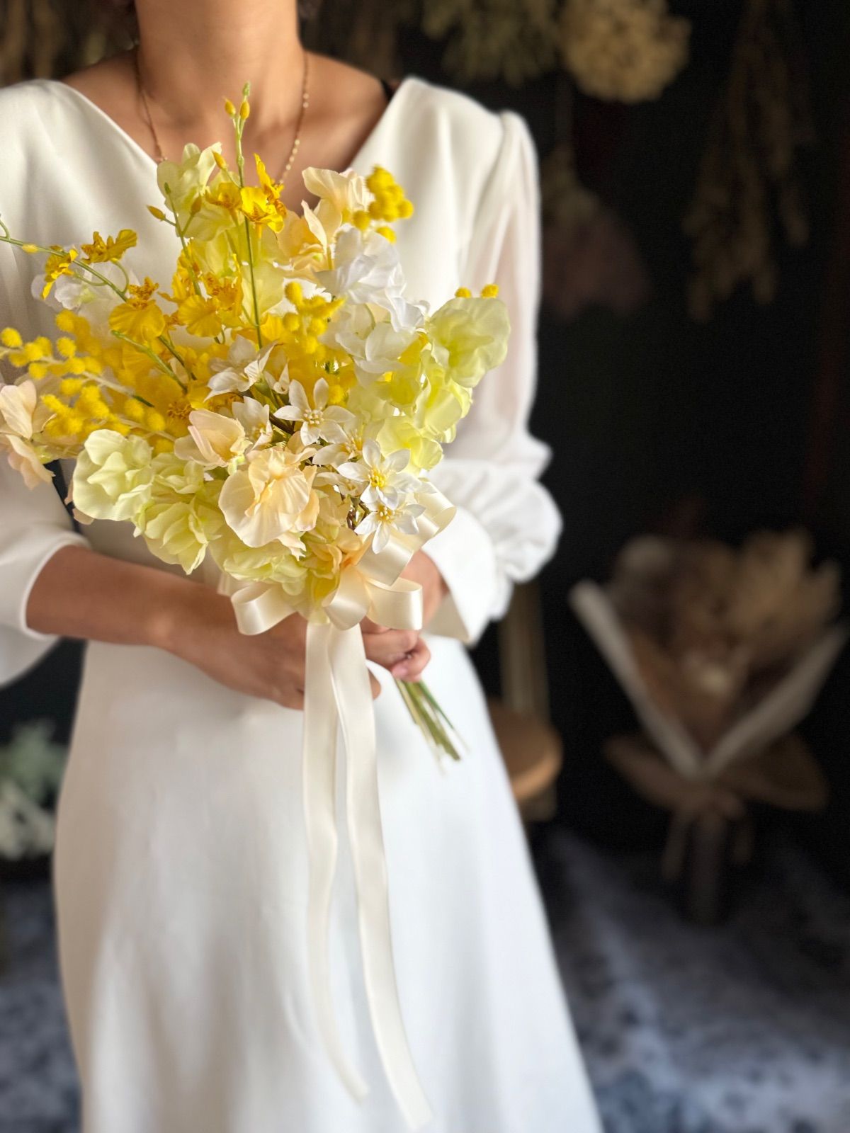 ミモザ×スイートピークラッチブーケ☆ブートニア