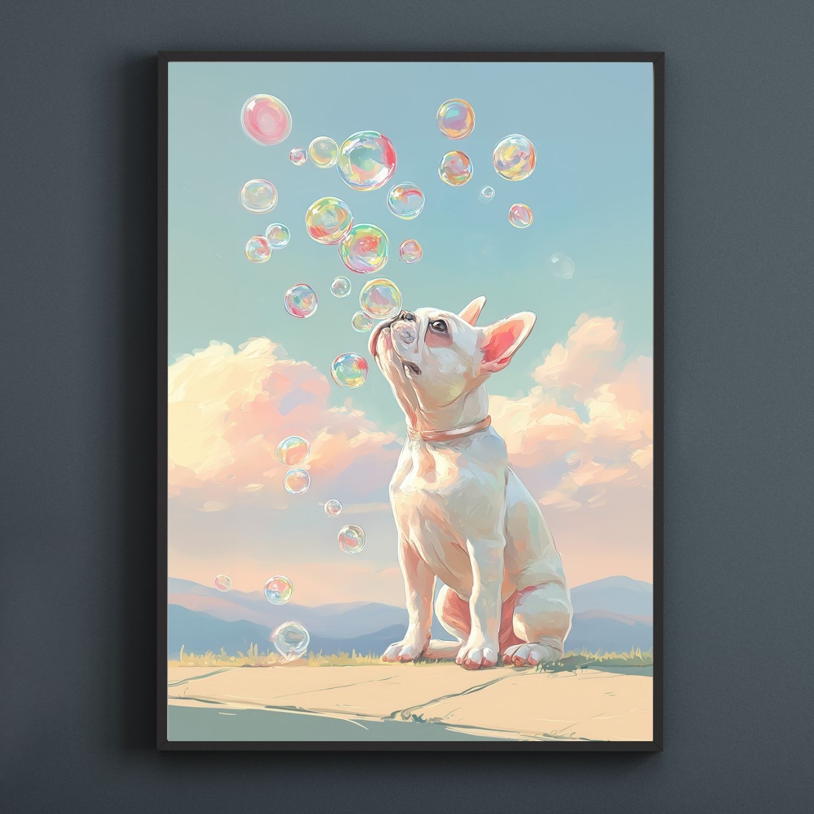 名入れOK 犬とシャボン玉 - フレンチブルドッグ犬 No.1 フレブル ホワイト アートポスター うちの子記念日 ペットロス 北欧 ナチュラル