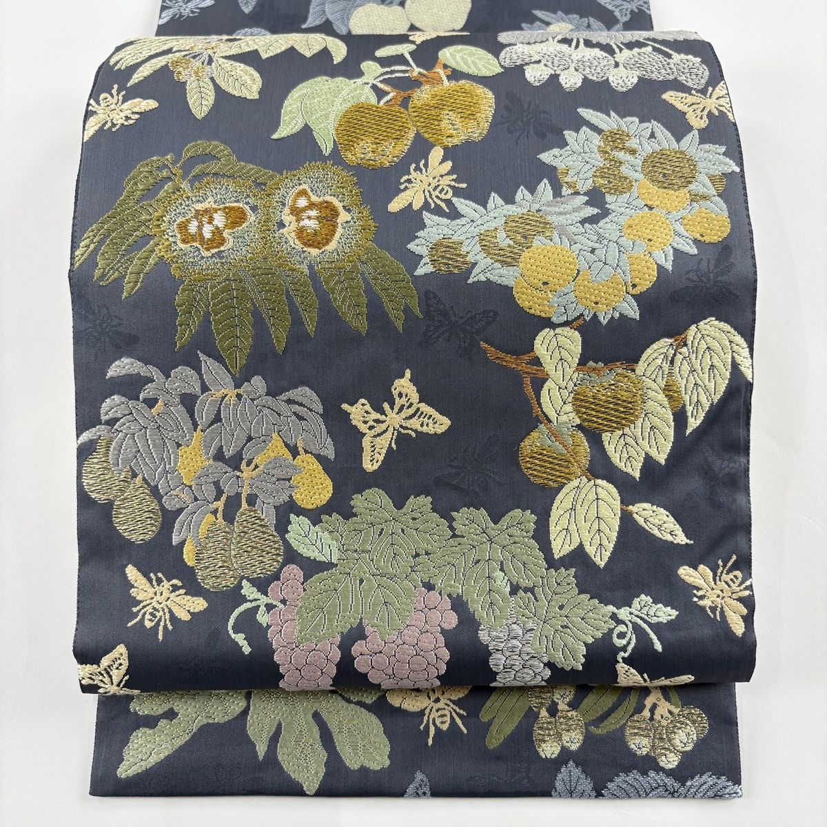 袋帯 美品 逸品 落款 山口弘躬工房 四季果実文 蜂 唐織 金糸 青