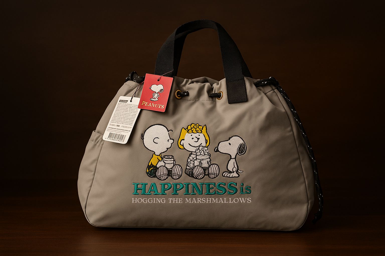 PEANUTS スヌーピー ナイロン刺繍巾着バッグ 75周年記念 デザイン 全3