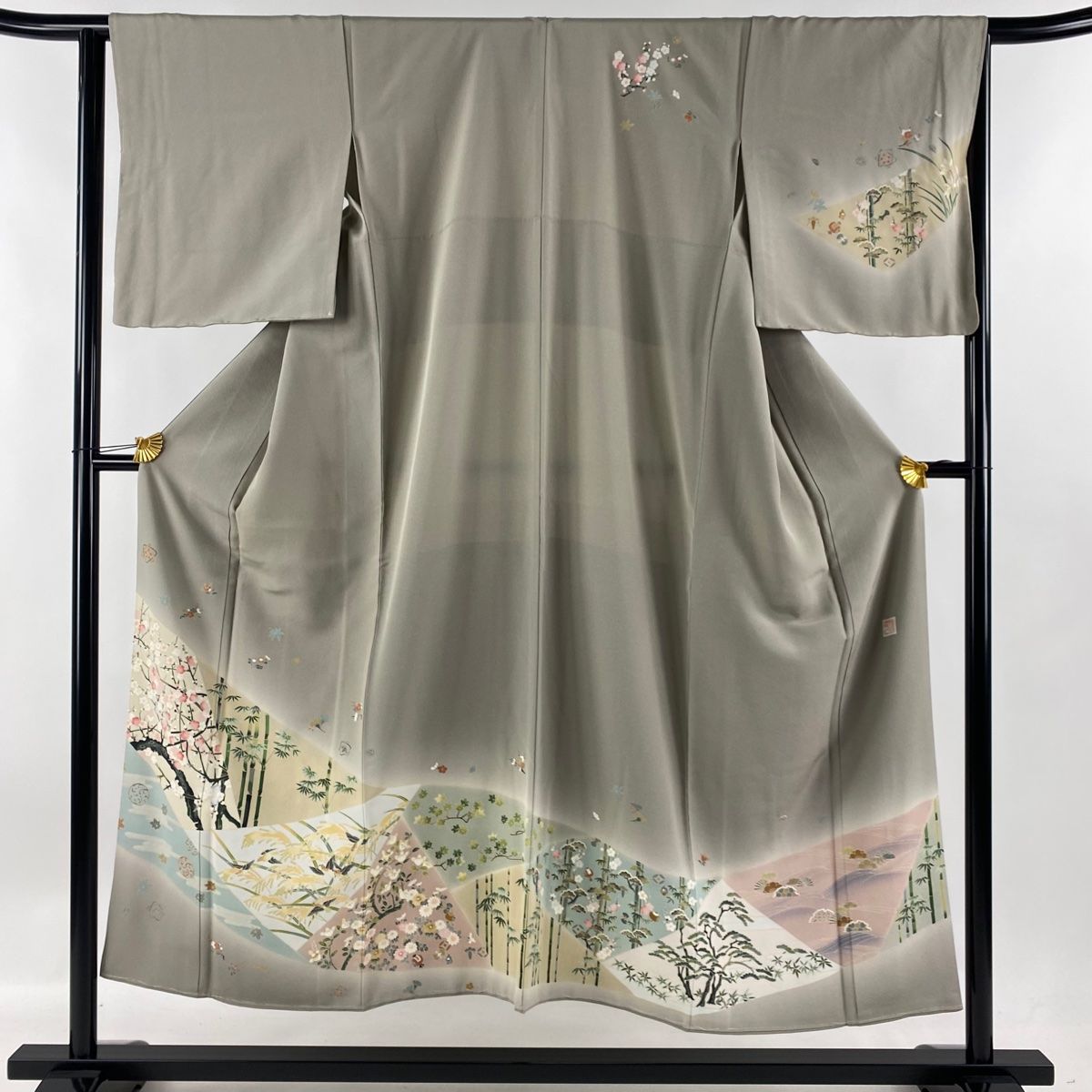 訪問着 身丈150cm 裄丈65cm M 袷 落款 松竹梅 鳥 ぼかし 灰茶 正絹 名品