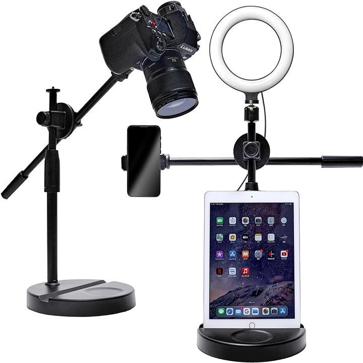 MERSHEART 俯瞰撮影 スマホスタンド リングライト 人気フォトグラファー監修 自撮りライト タブレット タブレットライブ配信 YouTube 卓上 影なし iPhone 3色モード10段調光 角度 高さ調節可能( ブ