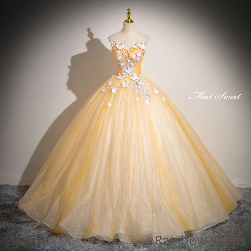 ドレス プリンセスライン イエロー ベアトップ 蝶 袖なし ロングドレス ウェディングドレス 結婚式 二次会 花嫁 前撮り 演奏会 発表会 ステージ衣装 ml330cp136