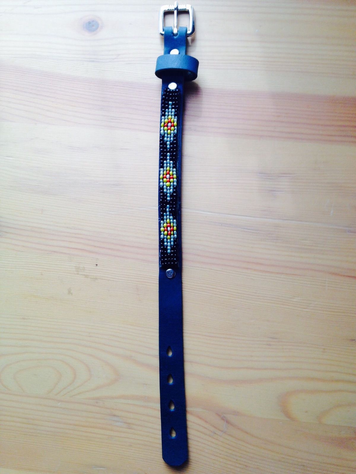 ビーズブレスレットD【ブルー/青】ネイティブ柄 革 レザー バックル  