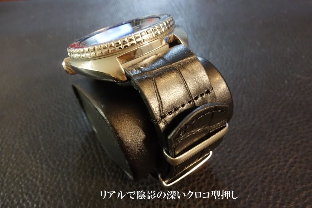 新品]クロコ型押し レザーNATOストラップ 22mm マット青1 メンズ