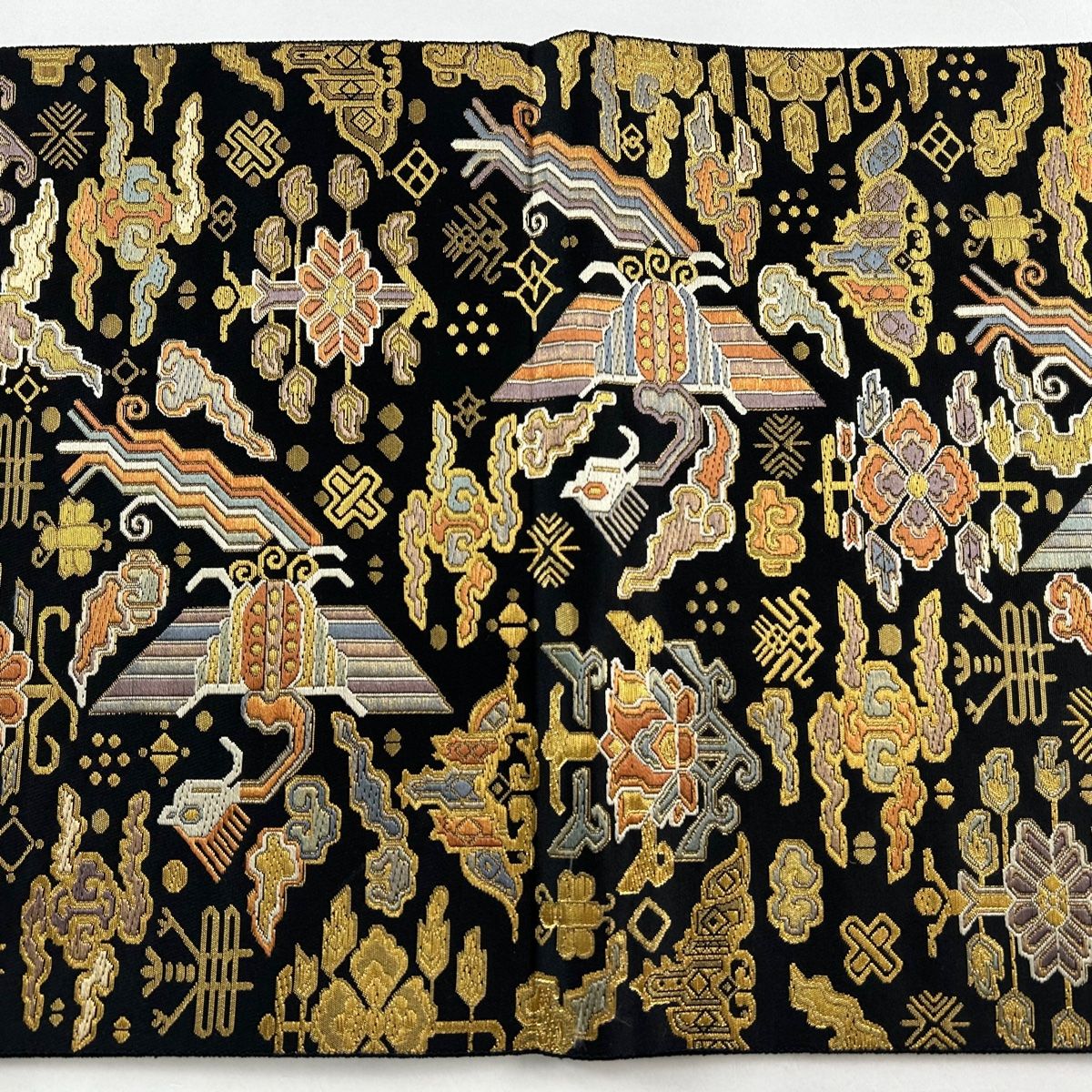 袋帯 美品 秀品 大和錦 草花 鳥 金糸 箔 黒 六通 正絹 【中古